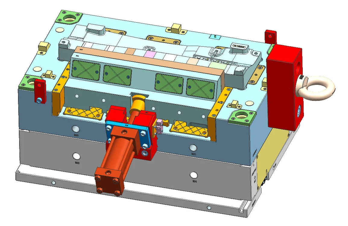 Core plate 3D drawing with angle slides, hydraulic cylinders and submarine gate layout