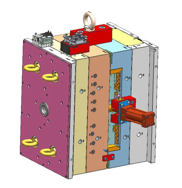 Complete 3D assembly drawing of hot runner injection mold with hydraulic slide system